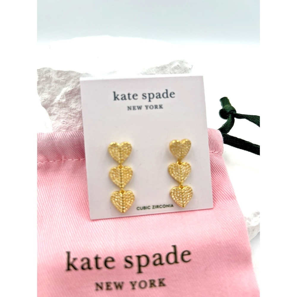 Kate Spade Heart to Heart CZ Gold Tone Dangle Earrings Triple Heart w/Dust Bag